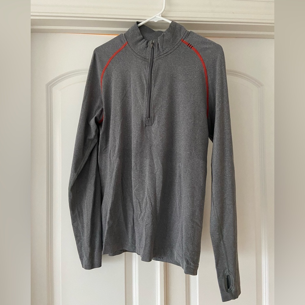 Lululemon 3/4 zip, men’s, size Medium, light gray with orange threading accents